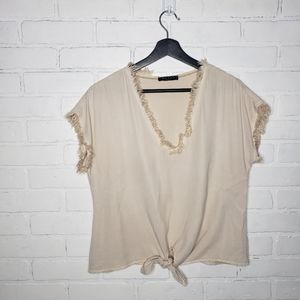 Maven West Boho Frayed V Neck Tie Short Sleeve Blouse